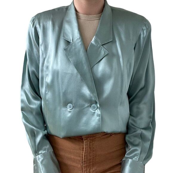 Vintage 80s Womens Blue Double Breasted 100% Silk Preppy Sexy Blouse Sz L - Picture 12 of 13